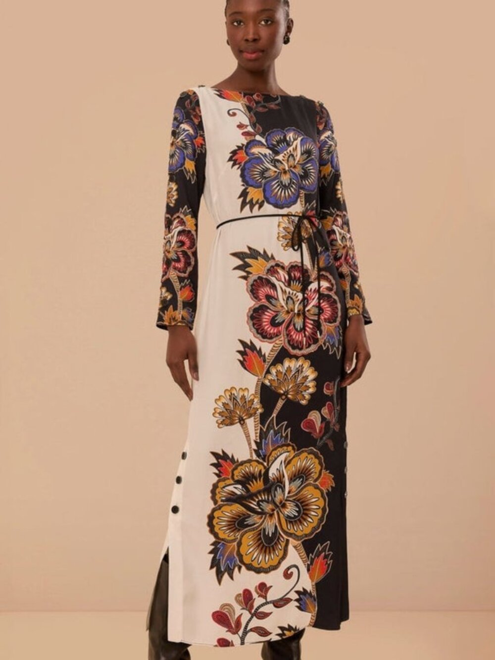 Sold FARM Rio Black and White Maxi Floral Midi Dress Long Sleeves Women's Size M - Picture 2 of 4